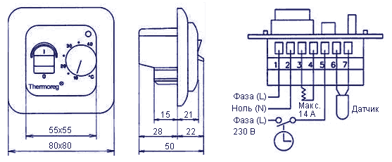 Габариты и схема подключения терморегулятора Thermoreg TI-200